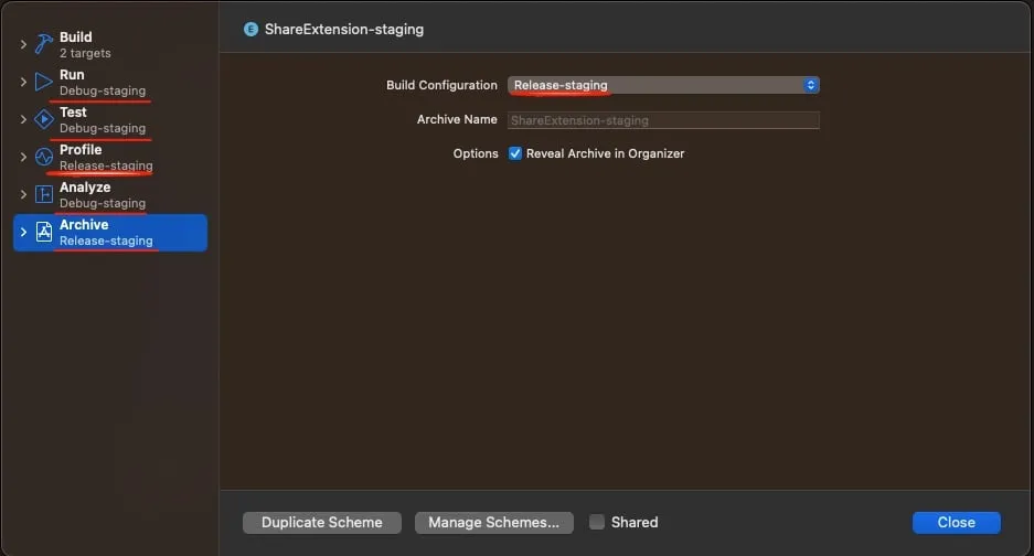 Create a new Share Extension scheme for staging