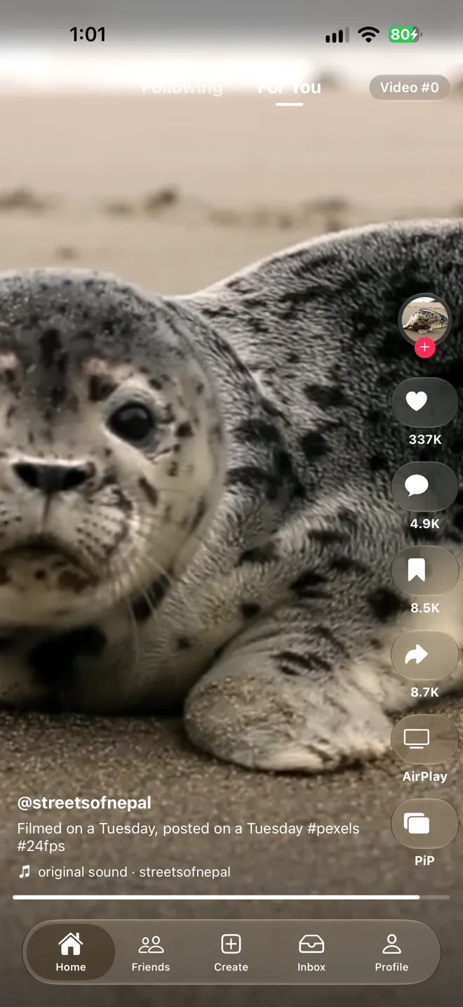 The TikTok-style feed on an iPhone 16 Pro Max: Following and For You tabs at the top, a column of Liquid Glass buttons for like, comment, save, share, AirPlay and Picture in Picture on the right, the caption at the bottom left, a progress bar, and a floating Liquid Glass tab bar.