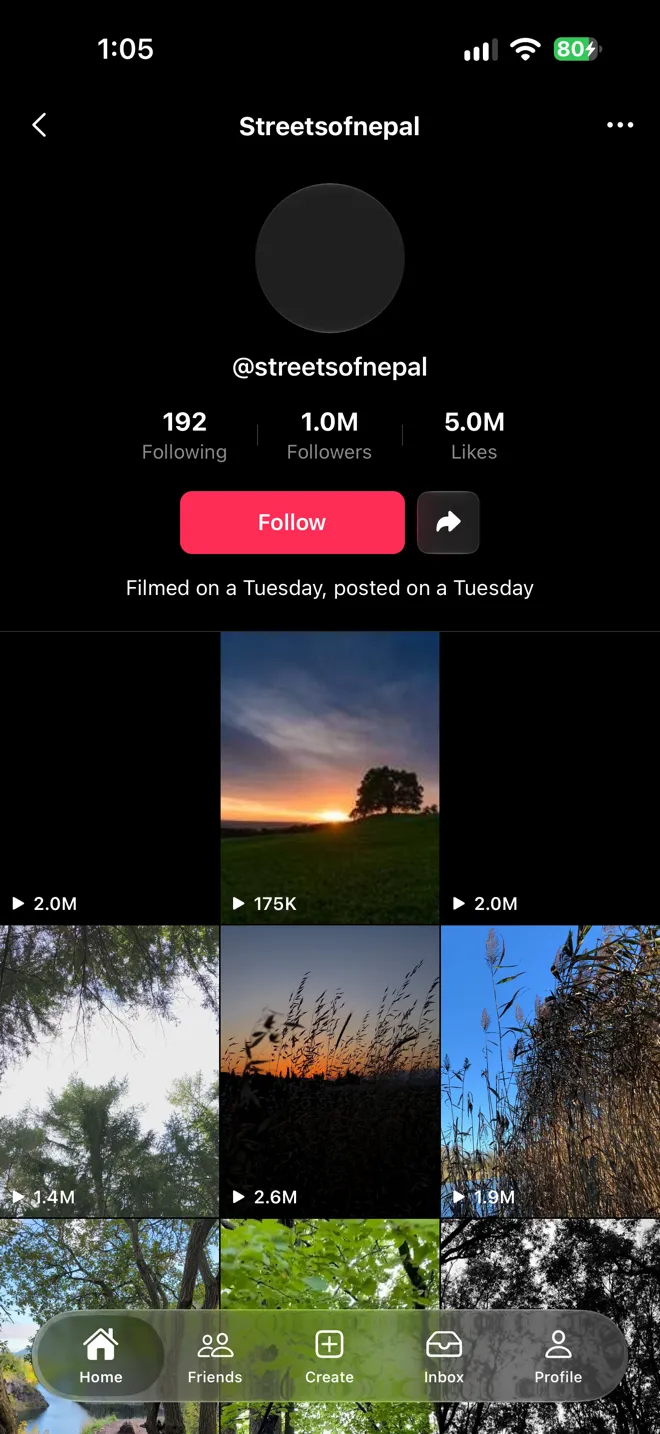A creator profile reached by swiping left: a glass-ringed avatar, follower counts, a red Follow button, and a grid of the creator’s clips. The avatar and two tiles are black because their posters never rendered.